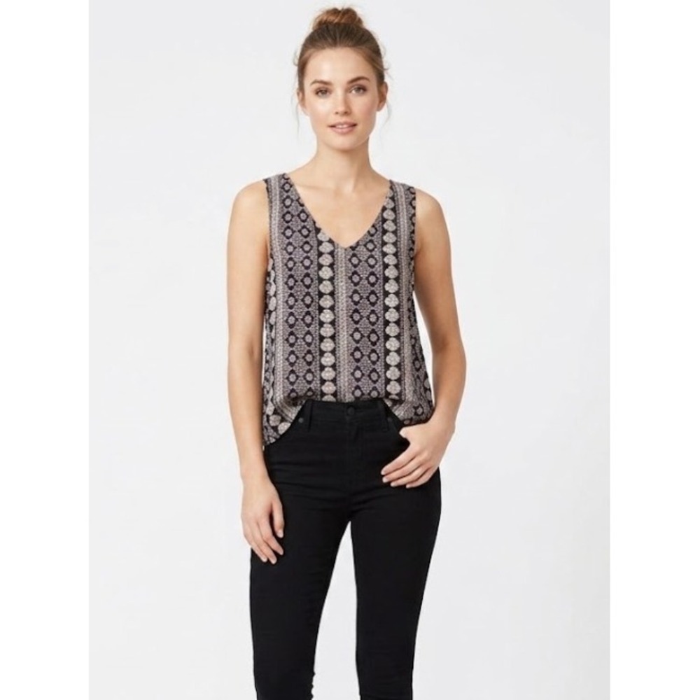 New Aqua Navy Tan Boho Print V Neck Lace Up Sleeveless Casual Top Medium